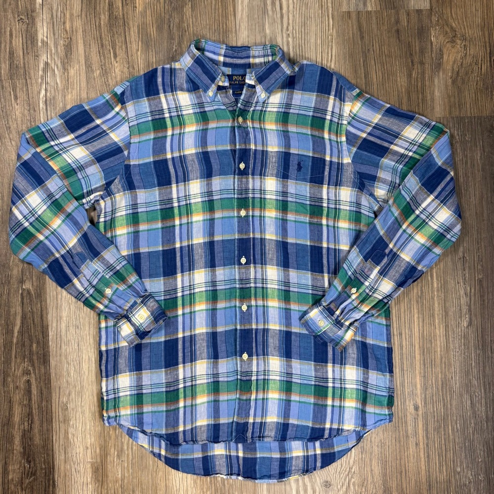 Polo Ralph Lauren Preppy Nautical Blue Green Plaid Linen Classic Fit Shirt Men L